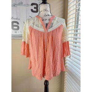 Umgee USA Blouse Women Size S Lace  Orange Short Sleeves Casual Wear
